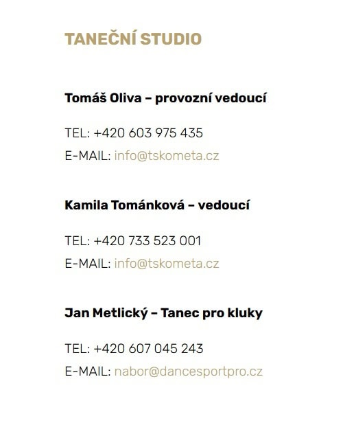 Taneční studio Kometa Family s kontaktními údaji vedoucích a instruktorů, vhodné pro propagaci tanečního studia.
